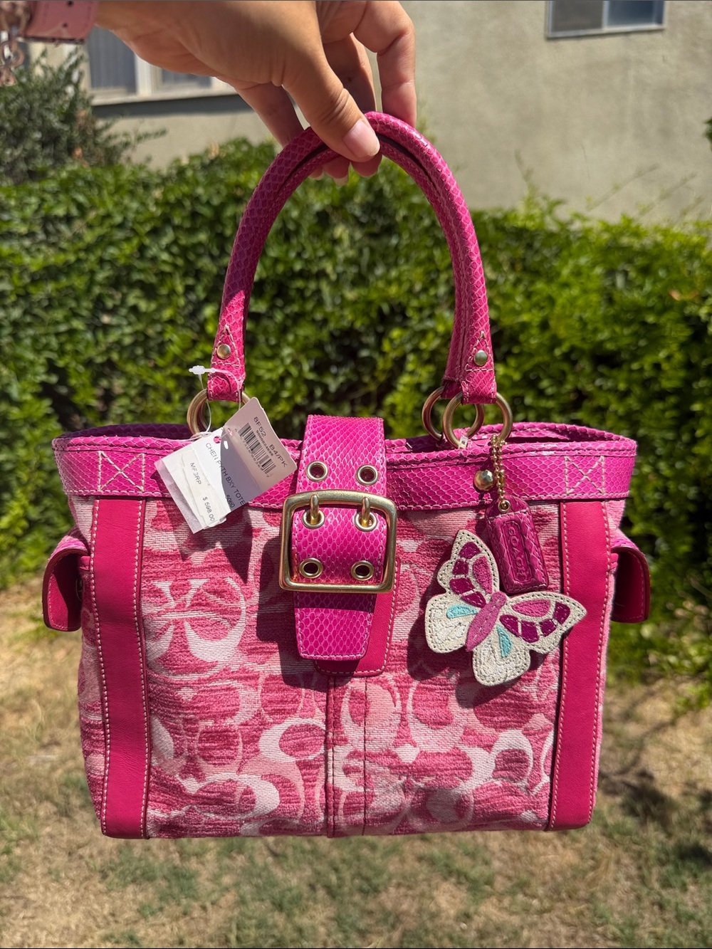Vintage Coach 8F52 Pink Chenille Python Butterfly Tote NWT Y2K Rare